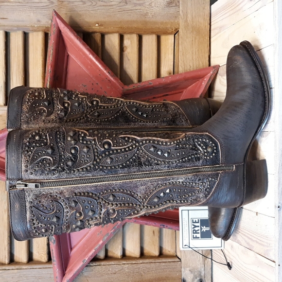 SALE!! FRYE Deborah Deco Dark Brown Tall Boots - Picture 5 of 14